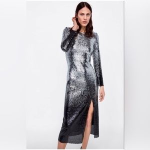 Black & Silver Ombre Sequin Long Sleeve Midi Dress